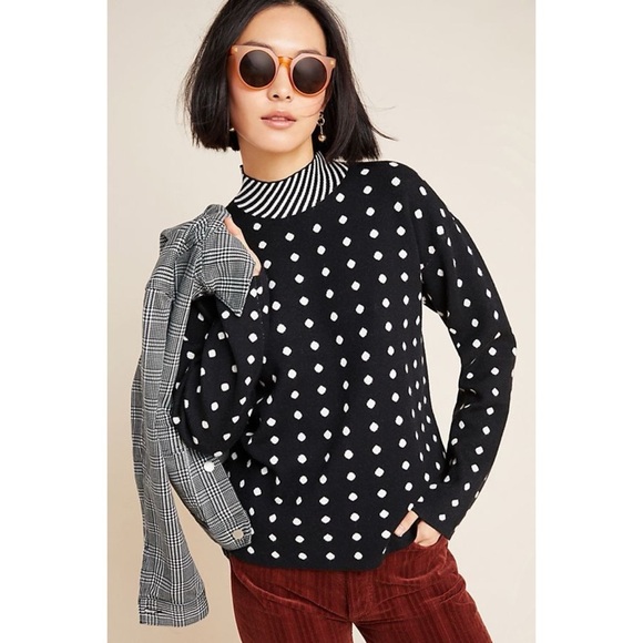 Anthropologie Lizzie Mock Neck Sweater Mixed Print Polka Dot Strips - Picture 1 of 11